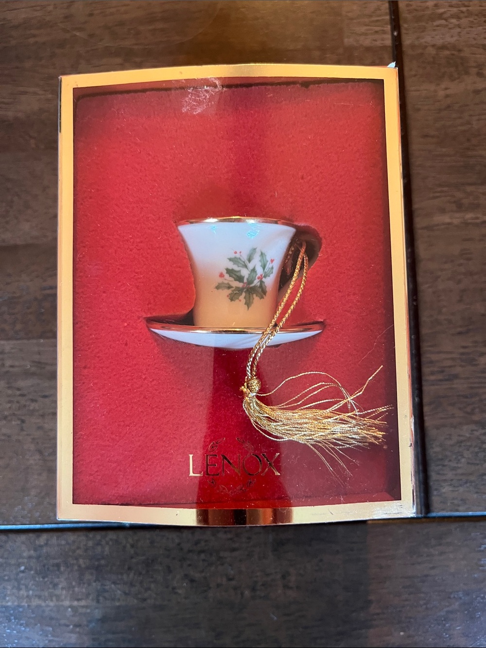 Lenox White and Gold Teacup & Saucer Ornament with Holly